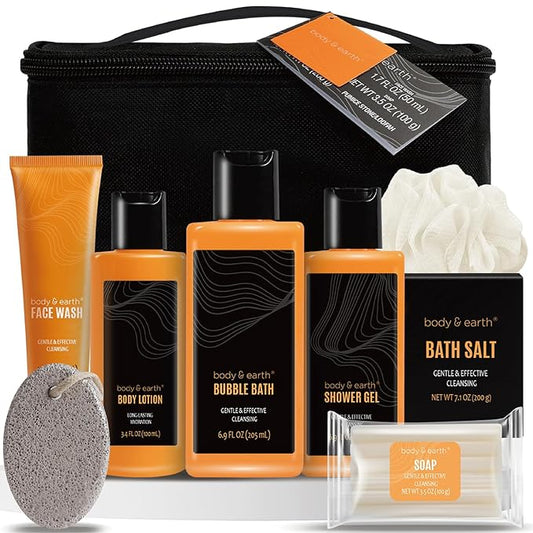 Body & Earth Gift Baskets for Men Bath Set Citrus Scented Bath and Body Gift Set with Body Lotion, Face Wash, Shower Gel, Bubble Bath, Loofah, Birthday Gifts