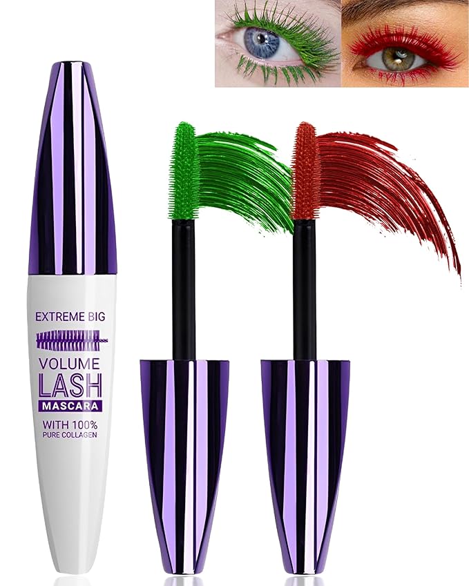 5D Green Red Mascara for Eyelashes,Longlasting Waterproof Smudge-Proof Colored Mascara Volume and Length, Volumizing Curling Fiber rimel de pestañas, Cosplay Party Stage Eye Makeup for Women Girl