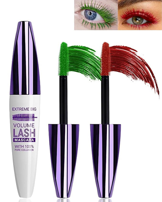 5D Green Red Mascara for Eyelashes,Longlasting Waterproof Smudge-Proof Colored Mascara Volume and Length, Volumizing Curling Fiber rimel de pestañas, Cosplay Party Stage Eye Makeup for Women Girl