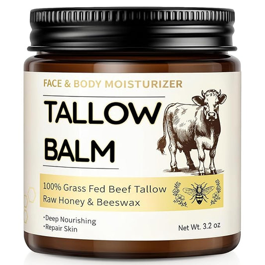 Beef Tallow for Skin, Organic Tallow and Honey Balm for Face, Natural Face Moisturizer, Grass Fed Beef Tallow Skin Care Cream Body Butter, Deep Hydrate and Nourish Dry Skin