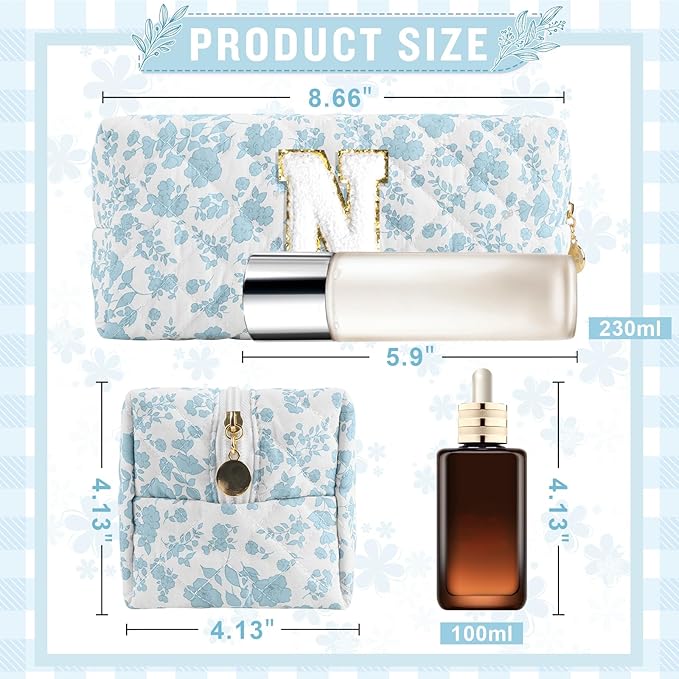Personalized Quilted Cosmetic Bag, Puffy Monogrammed Christmas Birthday Gifts for Women & Girls, Cute initial Floral Makeup Bag Puffer Coquette Bag, Aesthetic Travel Toiletry Zipper Pouch(Blue,N)