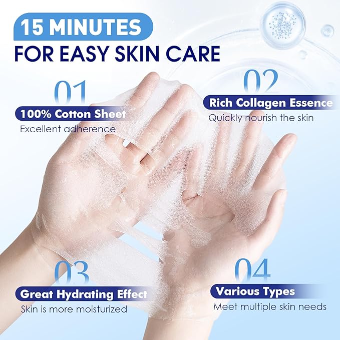 54 Pack Bulk Sheet Face Masks Skincare, Hydrating and Moisturizing Face Mask for All Skin Types, Collagen Facial Masks for Skin Care, Christmas Gifts, Stocking Stuffers for Women (9 Types x 6 Pcs)