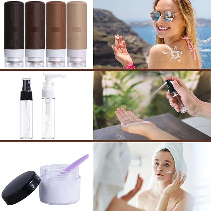 GLAMFIELDS Travel Bottles for Toiletries,TSA Approved 3.3oz Size LeakProof Silicone Toiletry Containers for Shampoo, Conditioner,Easy to Squeeze，Portable Travel Essentials for Lotion(18 Pack) Coffee