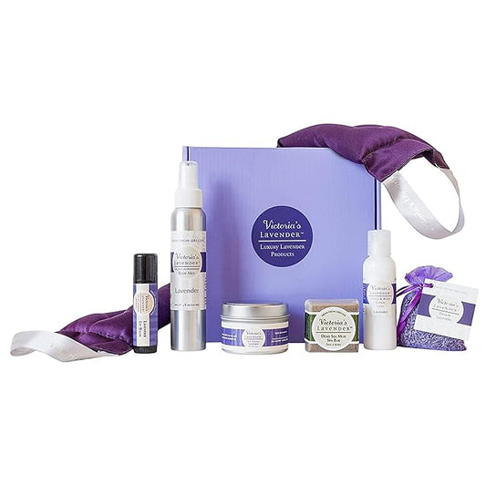 Victoria's Lavender Luxury Gift Basket for Women - Neck Wrap, Body Mist, Hand & Body Lotion, Lip Balm, Soy Candle, Mud Spa Bar & Lavender Sachet, Skin Care Sets, Made in USA Beauty Products For Women