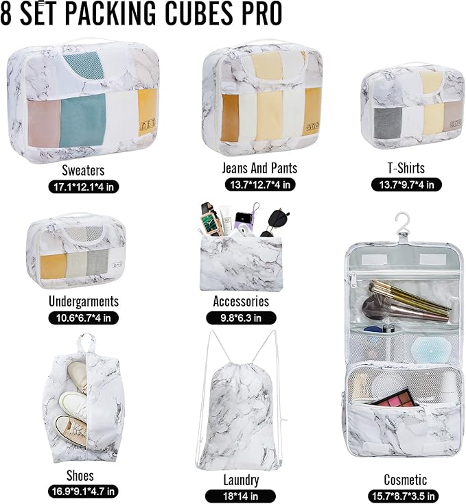 Veken 8 Set Packing Cubes for Travel Essentials, Suitcase Organizer Bags in 4 Sizes, Carry-On Luggage Accessories with Large Laundry & Hanging Toiletry Bag, Must-Have for Airplane, Road Trip & Camping