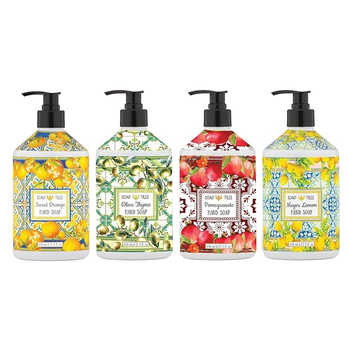 Soap Tiles Hand Soap | Home and Body Company | 21.5 fl oz Bottles | 4 Pack | Sweet Orange | Olive Thyme | Pomegranate | Meyer Lemon
