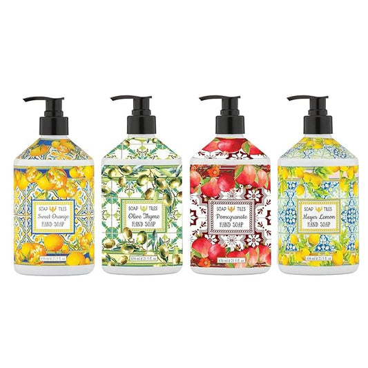 Soap Tiles Hand Soap | Home and Body Company | 21.5 fl oz Bottles | 4 Pack | Sweet Orange | Olive Thyme | Pomegranate | Meyer Lemon
