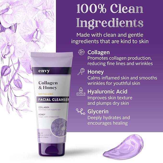 Envy Facial Cleanser with Collagen & Honey - Reduces Fine Lines, Wrinkles & Hydrates Skin - Clean, Cruelty-Free Korean Skin Care for All Skin Types - Dermatologist Tested - 6.76 oz