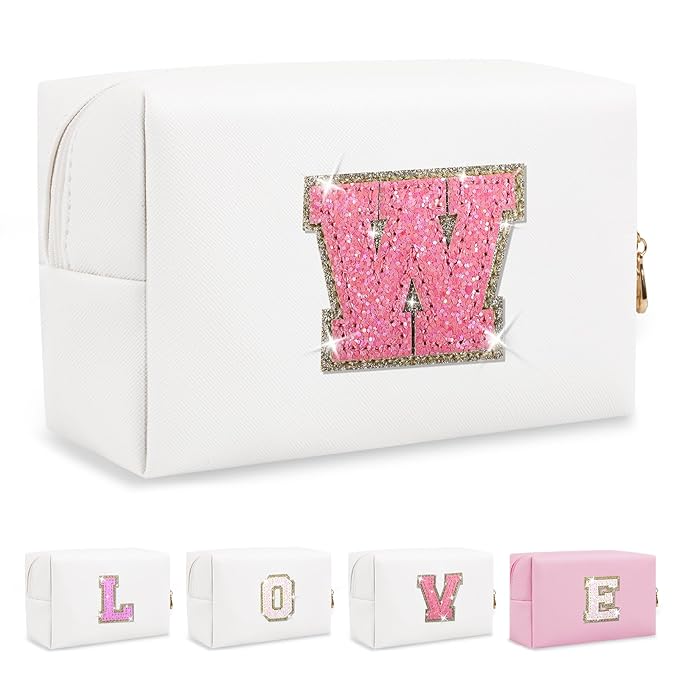Small Initial Patch Makeup Bag Personalized Gifts Make Up Bag,White Cute PU Leather Glitter Letter Cosmetic Bag with Zipper,Trendy Portable Travel Toiletry Pouch,Preppy Stuff for Teen Girls Women W