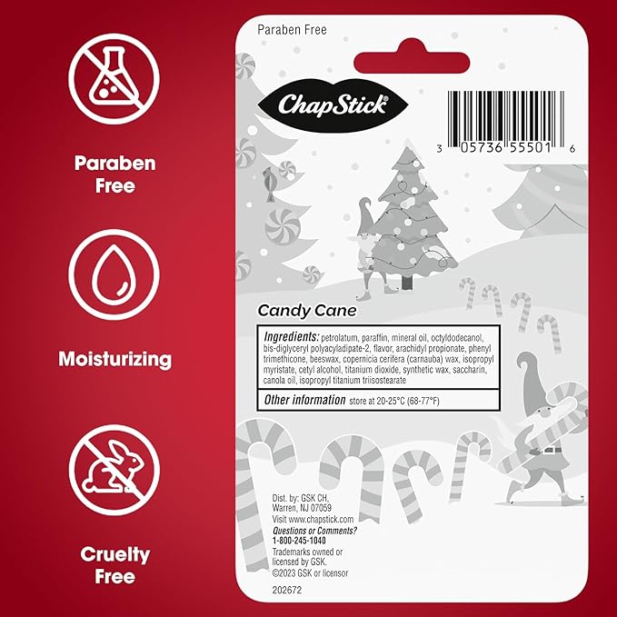 ChapStick Bulk Lip Balm, Candy Cane, 36-Count (12 Packs of 3) – Fresh & Minty Lip Moisturizer, Stocking Stuffer, 0.15 Oz Ea