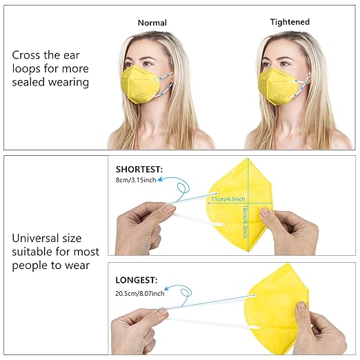 akgk KN95 Face Mask 50 PCS, Breathable Protection Masks, 5-Ply KN95 Yellow Masks, Cup Dust Safety Masks