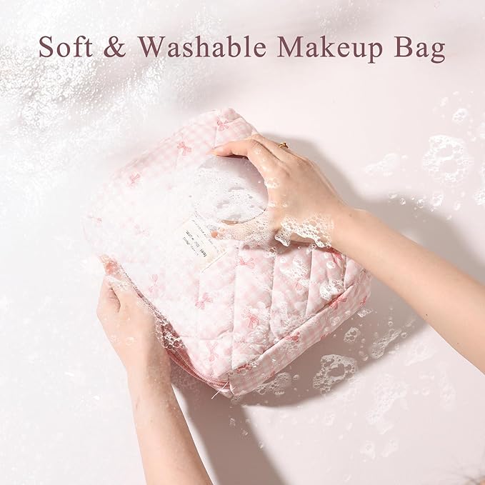 Anfly Makeup Bag, Quilted Cosmetic Bags, Large Floral Make Up Bag, Cute Makeup Bag 3PC Set for Women Girls (Pink)