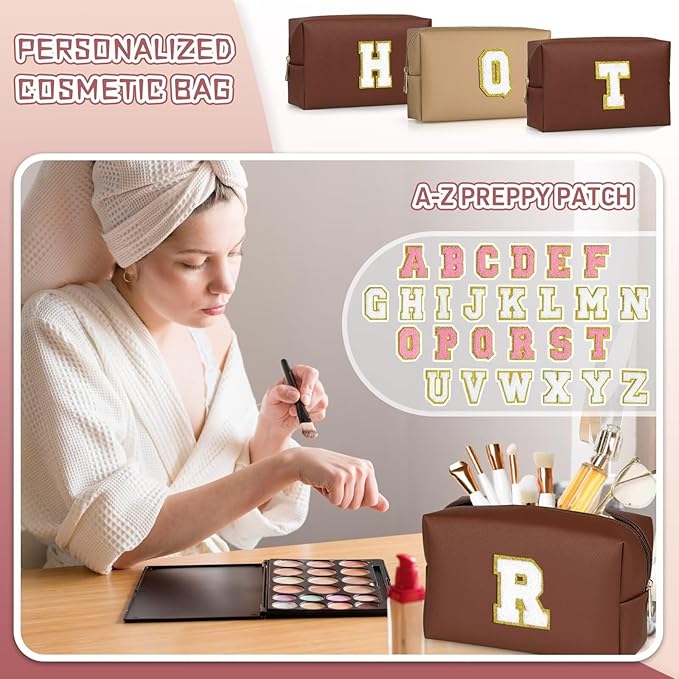 TOPEAST Initial Makeup Bags for Women, Cute Makeup Pouch, Waterproof Travel Toiletry Bag, Personalized Gifts for Girlfriend Wife on Valentine's Day Anniversary, Preppy Stuff Gift for Girl (Brown W)