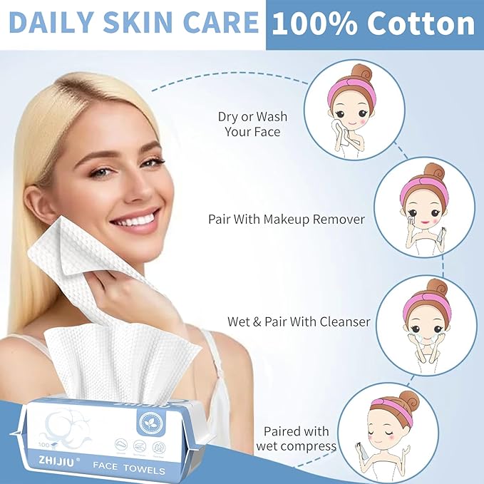 Disposable Face Towels 600 Count, Lint-Free Soft Cotton Facial Dry Wipes,8” x 8” Clean Facial Towels Wash Cloth for Sensitive Skin,Makeup Remover Dry Wipes