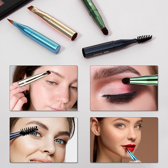 Simarro 4 in 1 Makeup Brush Set, Portable Travel Size Make Up Brushes - Detachable Eyeshadow, Eyebrow, Screw, Lip Brush for Foundation, Concealer, Powder Liquid (Multicolor)