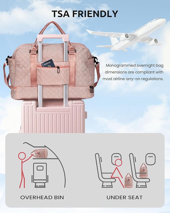 Initial Duffle Travel Bag, Personalized Weekender Bag with Shoulder Strap, Monogram Overnight Bag for Women Wet Pocket, Letter Travel Bag with Makeup Bag Gifts for family (Letter Z), Pink