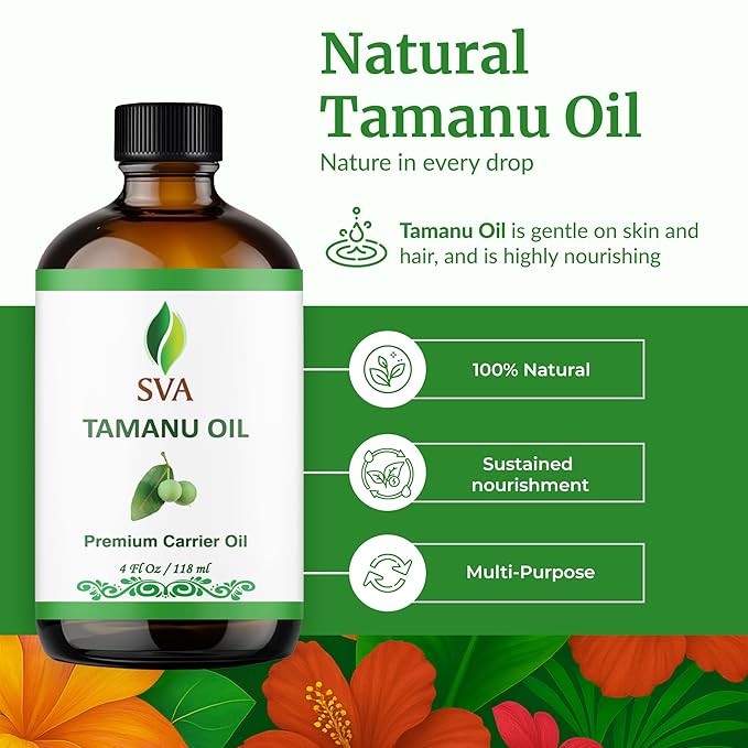 SVA Tamanu Oil - 4 Fl Oz – 100% Natural Cold Pressed Tamanu Oil - for Face, Skin Care, Hair Care, Scalp Massage & Body Massage – Carrier Oil with Dropper