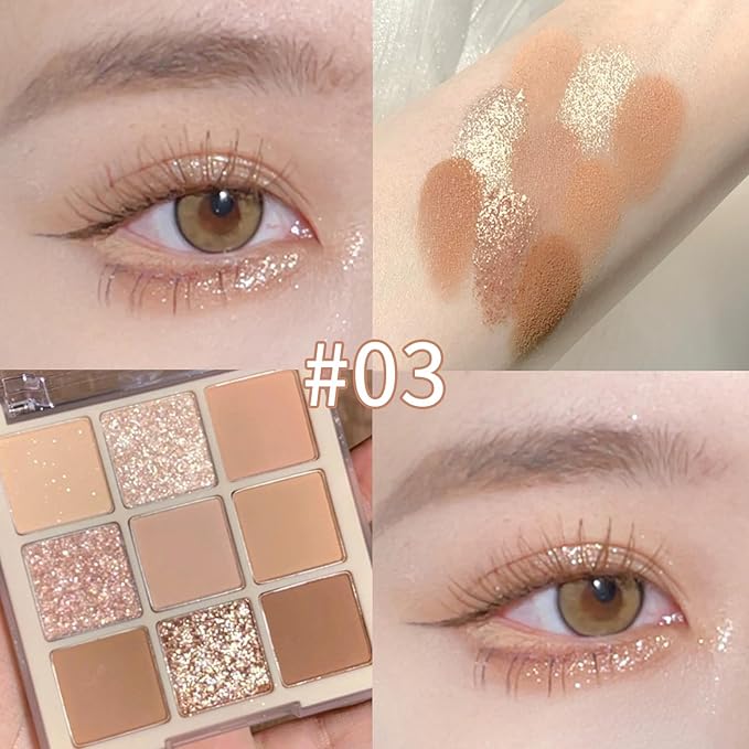 Erinde 9 Colors Eyeshadow Palette, Matte Shimmer Glitter Eye Shadow Makeup Palette, Highly Pigmented Long Lasting Waterproof, Natural Neutral Nude Eyeshadow Makeup Pallet, Milk Latte Color