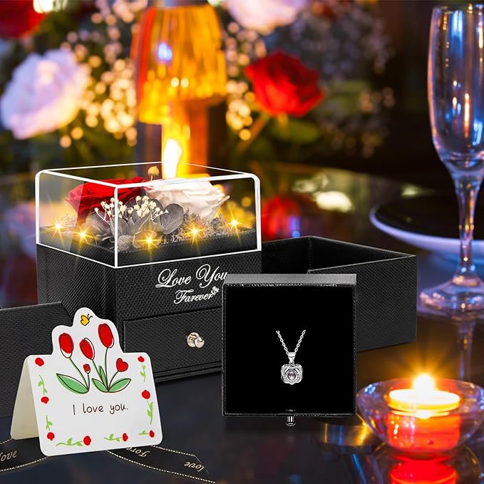 2 Preserved Real Rose with Heart I Love You Necklace- Eternal Rose Birthday Gifts for Women Wife Girlfriend Her Mom Grandma on Festivals Gifts Christmas Valentines Mothers Day Anniversary-Red White