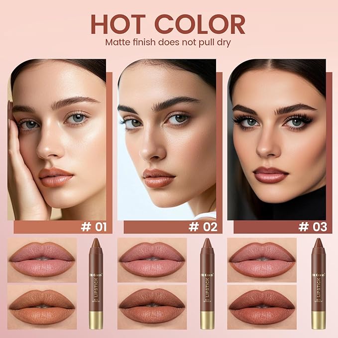 Noerrors 3Pcs Nude Light Brown Rose Lip Liner and Lipstick Set for Women Crayon Combo Matte 24 Hour Lip Liner Pencil Set Long Lasting 24 labial mate 24 horas originales Flawless Gradual Ombre Effect