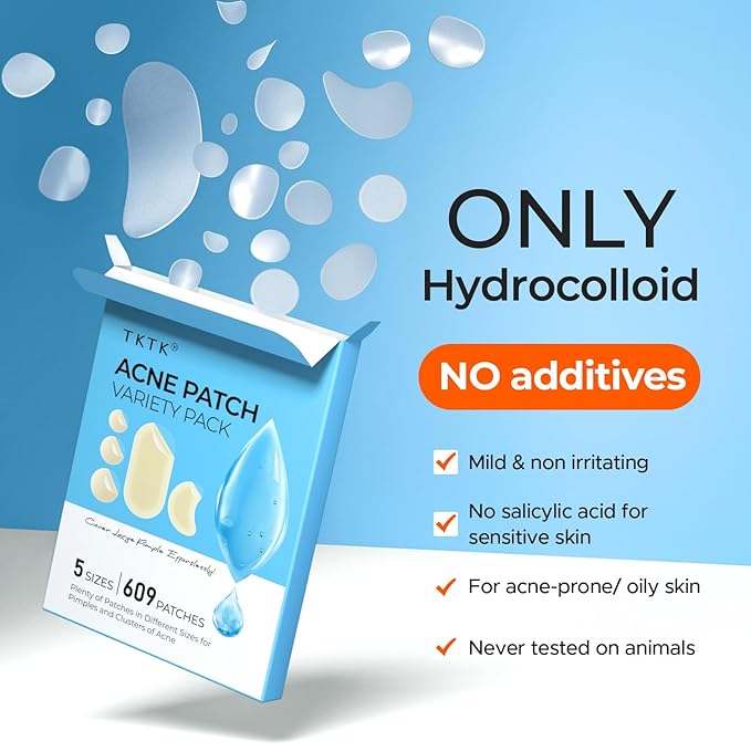TKTK 609 Count Pimple Patches for Face, Hydrocolloid Acne Patch Bulk, Acne Stickers for Covering Cheeks, Forehead, Chin Blemishes Zit Breakouts for All Skin Types (Dots, Strip, Contoured 5 Sizes)