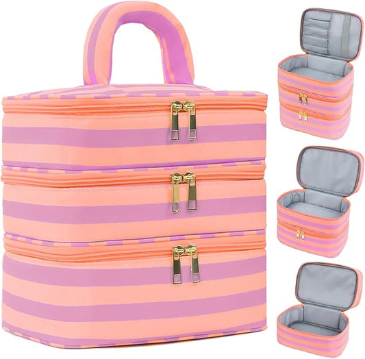 Three Layer Makeup Bag for Women Fashion Stripes Cosmetic Bag Preppy Style Travel Water-Resistant Toiletry Bag for Storage Toiletries Cosmetics Sets for Women Teen Girls Purple