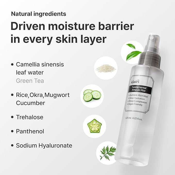 DearKlairs Fundamental Ampule Mist, 75% Green Tea Korean Face Toner Spray, Finishing Spray, Dewy Healthy Glow look, Set Makeup, Hydrating, Lightweight Facial Mist | Alcohol, Fragrance-Free