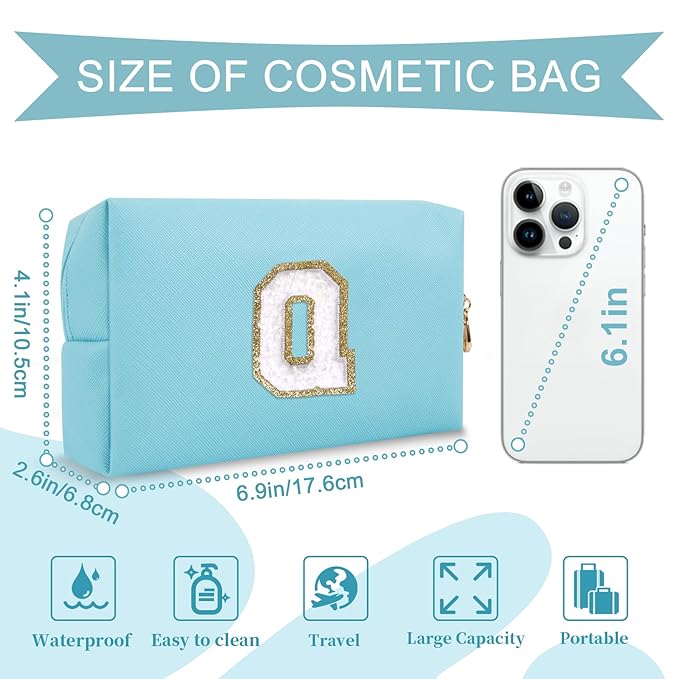 Small Personalized Initial A-Z Preppy Patch Makeup Bag,PU Chenille Letter Travel Cosmetic Pouch with Zipper,Blue Cute Toiletry Bag,Gift Ideal for Teen Girls Women Teacher Bridesmaid,Letter Q