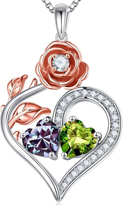 Iefil Rose Heart Birthstone Necklaces for Women - 925 Sterling Silver Double Birthstone Necklace, Anniversary Birthday Gifts for Women, Jewelry Gifts for Wife Her