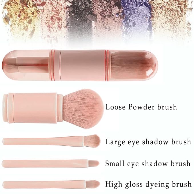 Vtrem Makeup Brushes Set Portable - 4 in 1 Travel Powder Brush, Lip Brush, Eyeshadow Brush, Highlight Brush, Foundation Blending Powder Brushes Retractable Make Up Brushes Set, Pink