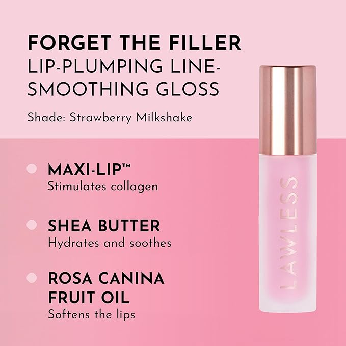 Lawless Forget the Filler Lip Plumping Line Smoothing Gloss - Strawberry Milkshake - Premium Volumizing Lip Gloss with Natural Ingredients Designed to Plump, Firm, and Hydrate Lips 0.11 oz