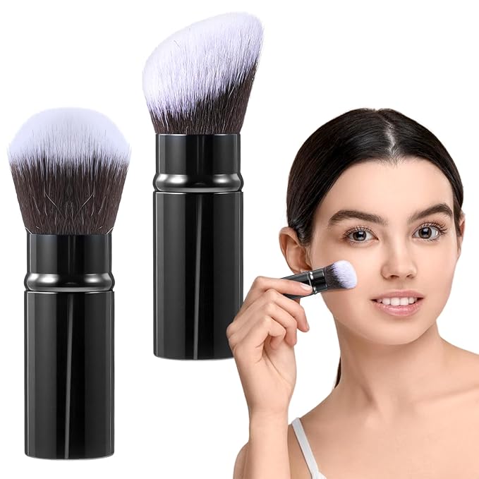 2 Pcs Retractable Kabuki Brush Set, Portable Travel Blush Brush, Powder Brushes for Blending Liquid, Foundation Brushes for Liquid Cream and Powder Makeup