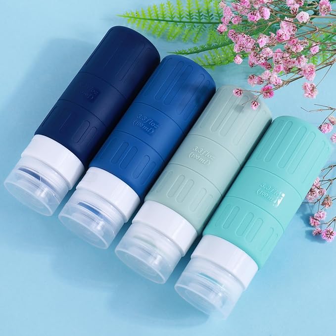 GLAMFIELDS Travel Bottles for Toiletries,TSA Approved 3.3oz Size LeakProof Silicone Toiletry Containers for Shampoo, Conditioner,Easy to Squeeze，Portable Travel Essentials for Lotion(18 Pack) Blue