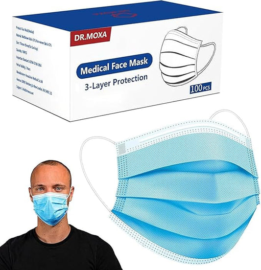 DR.MOXA Face Masks Disposable 100 Pack, PFE>95%, 3 Ply Protection Face Masks for Adults General Use
