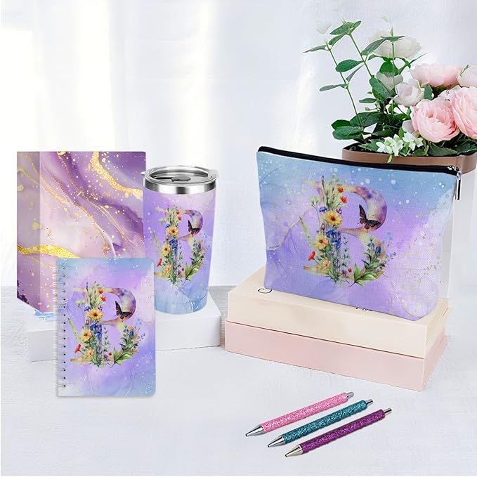 Personalized Gifts Monogrammed Birthday Gifts for Women, Cowerker Mom Boss Day Christmas Initial 20 oz Tumbler, Makeup Bag Cup Ballpoint Pens Journal Notebook 6 Set, (Aesthetic Purple Flower B)