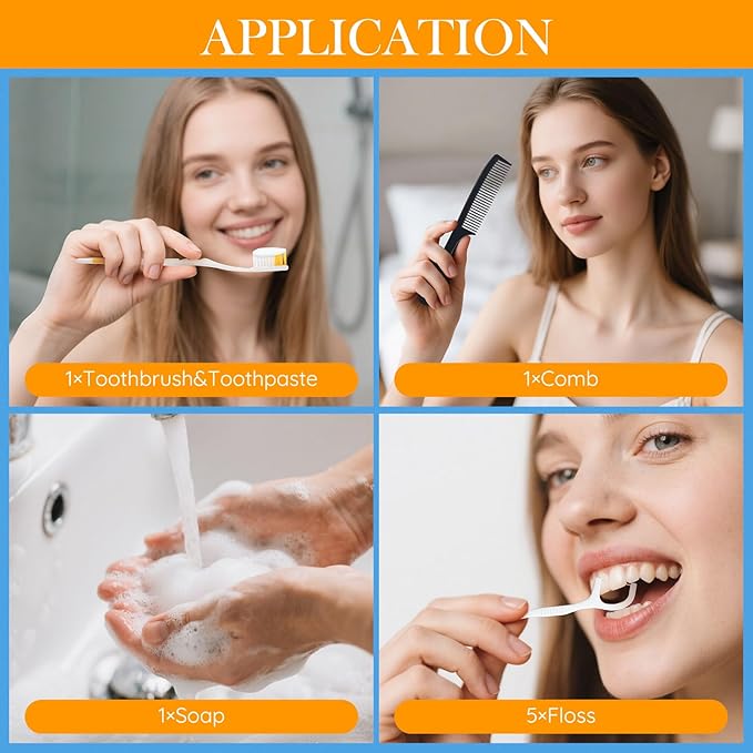 Personal Care Travel Toiletries Sets Bulk -Pack of 100,Disposable Toothbrushes with Toothpaste and Floss,Comb,Soap,Cover,Zip Bag 7-IN-1 Travel Size Toiletry Kit for Hotel,Guest,Homeless,Charity,Church