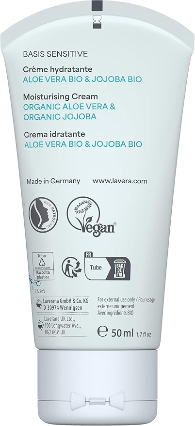 lavera Basis Sensitive Moisturizing Cream – Organic & Vegan Face Moisturizer with Aloe Vera & Shea Butter - Natural Skin Care for All Skin Types - 1.69 Fl Oz