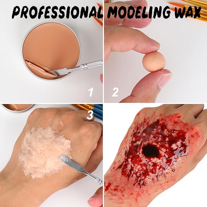 Bowitzki Halloween Makeup Set Special Effects Kit Cream Face Paint Water Based Liquid Latex Fake Blood Brush Sponges Body Painting SFX Zombie Vampire Monster Christmas Party (With Scar Wax)