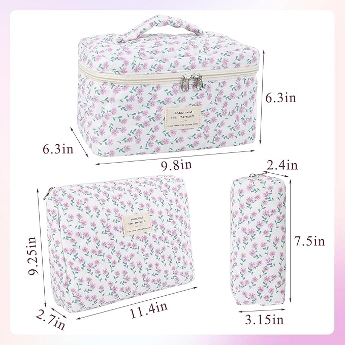 Anfly Makeup Bag, Quilted Cosmetic Bags, Large Floral Make Up Bag, Cute Makeup Bag 3PC Set for Women Girls (Purple)