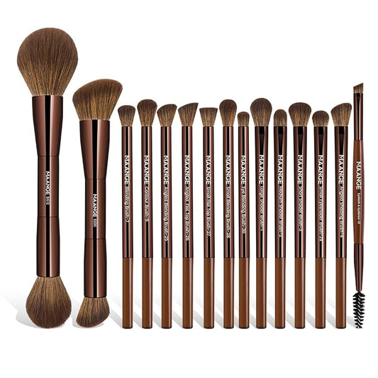 MAANGE 15 PCS Makeup Brushes Double-ended Makeup Brush Set Double Sided Angled/Round Top Brush Foundation Contour Blending Eyebrow Eyeshadow Concealer (Brown)