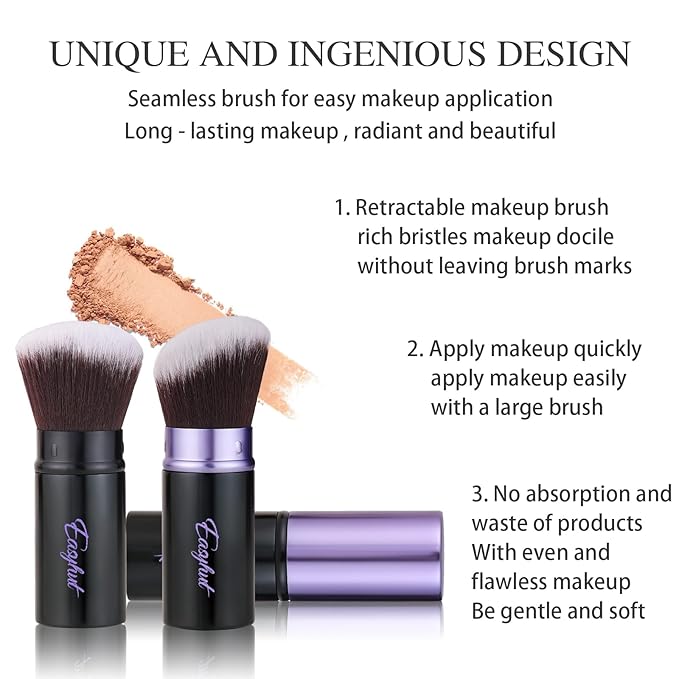 Retractable Kabuki Makeup Brushes 2 Pcs Blush Brushes Set Portable Powder Brushes with Flat and Angled Top for Liquid Cream Cosmetics Travel. (violet)