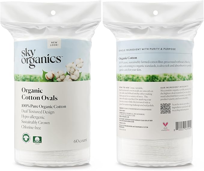 Sky Organics Organic Large Oval Cotton Pads, 100% Pure Organic Cotton, GOTS Certified Cotton, Dual Textured Design, for Makeup Removal, Cleansing, Toner Application w Ebook