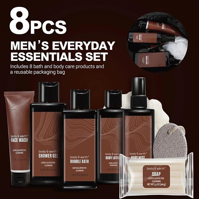 Body & Earth 8Pcs Gift Baskets For Mens Gifts Set With Sandalwood Scent Bath and Body Works Gifts For Men Birthday Christmas Gifts Anniversary Gifts For Men