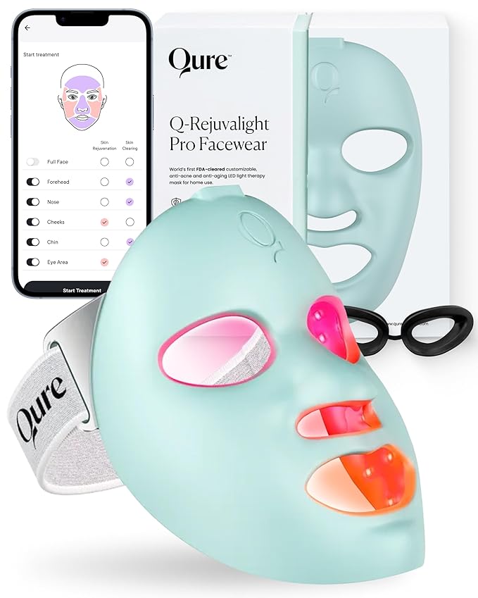 Qure Red Light Therapy for Face – LED Mask with 5 Light Modes for Anti-Aging, Acne, Wrinkles & Dark Spots, 3-Min Wireless Daily Treatments, Smart App Control with Reminders, FDA Cleared