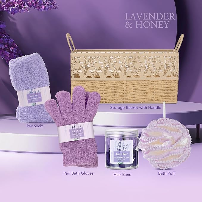 Gifts for Women Gift Basket for Women, 13 Pc LAVENDER & HONEY Large Beauty Personal Care Set, Home Bath Pampering Package for Mother day, Spa Bridal Shower Kit - Thank You, Birthday, Mom, Wedding Gift