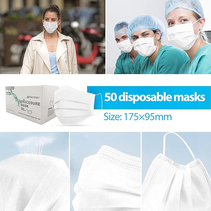 SkyPro 50PCS Medical Grade Procedure Masks, Adult 3 Ply Disposable Hypoallergenic White Face Masks with Elastic Ear Loop Filter Efficiency Greater than 99% Breathable for Hospital