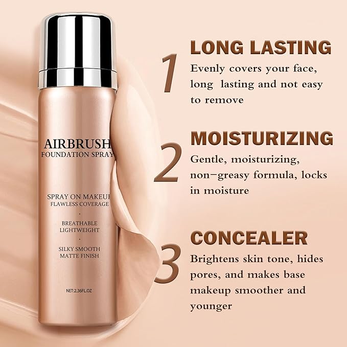 Airbrush Foundation Spray,Buildable Coverage Airbrush Makeup,Silk Flawless Foundation for Older Women,Teenagers,Middle-aged,Waterproof base de maquillaje (02 Beige)