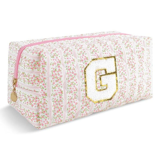 Personalized Quilted Cosmetic Bag, Puffy Monogrammed Christmas Birthday Gifts for Women & Girls, Cute initial Floral Makeup Bag Puffer Coquette Bag, Aesthetic Travel Toiletry Zipper Pouch(Pink,G)