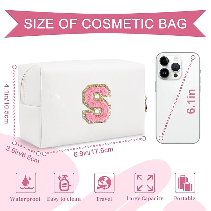 Personalized Makeup Bag Initial A-Z Preppy Patch Bag,Small PU Leather Travel Cosmetic Bag Pouch with Zipper,White Cute Toiletry Bag,Gift Ideal for Teen Girls Women Birthday Friend Mom,Letter S