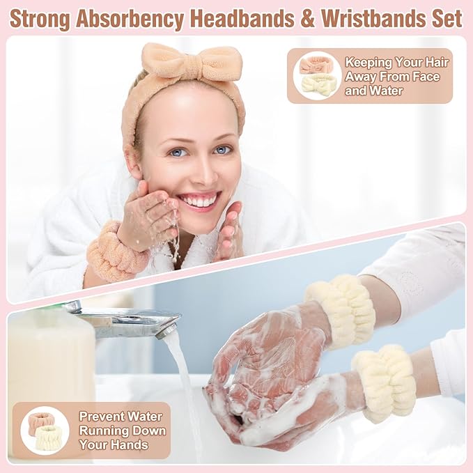 Spa Headbands for Women with Wristband Set: Facial Makeup Headbands for Girls & Teens - Soft Coral Fleece Elastic Hair Wraps with Wrist Accessories for Washing Face Shower Bath Beauty Skincare Gifts